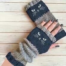 Cat-Shaped Embroidery Contrasting Color Retro Warm Fashion Finger-Exposing Thickened Ladies' Casual Gloves