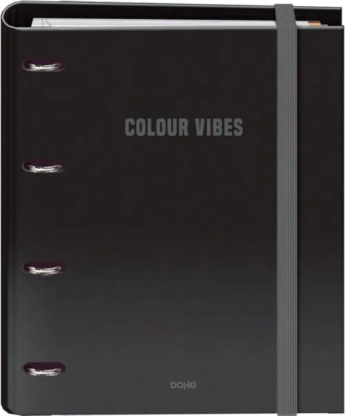 Dohe - Archivador con Recambio - Carpeta 4 Anillas, A4 (28x32 cm), 100 Hojas Cuadriculadas 5x5 mm, 4 Separadores de Colores, Sobre para Almacenamiento Extra y Cierre de Goma - COLOUR VIBES Negro - Negro - Ver 1
