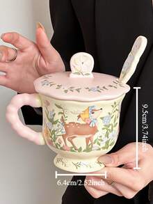 Tazza con motivo floreale e cervo, adatta per uso domestico o in ufficio, può contenere varie bevande calde e fredde come caffè, latte, cioccolata calda, cappuccino, succhi e caffè americano, viene fornita con coperchio e cucchiaino, design comodo per il manico, un regalo ideale per le vacanze per famiglia e amici. - Verde - Visualizzare 4