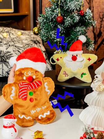 nicovaer 1pc Polyester Fabric Creative Christmas Pet Toy, Embroidered Cute Santa Claus & Star Squeaky Plush Toy (With Crinkle Paper & BB Sound), Embroidered Christmas Hat & Gingerbread Bear Crinkle Paper Squeaky Christmas Toy, Suitable For Small/Medium Dogs & Cats, Pet Supplies, Christmas Gift