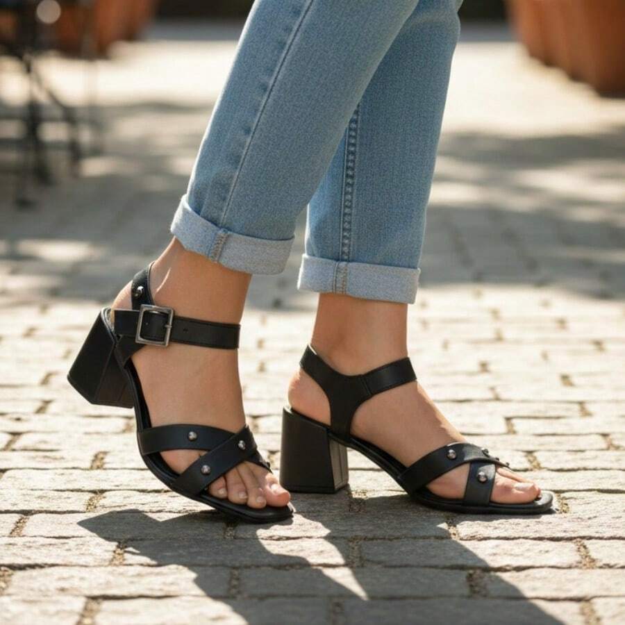 Women's High Heel Sandals With Thick Strap And Detailed Details - 黑色 - 查看 1