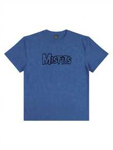 Misfits Horror Punk Style Red Marbled Tie-Dye Acid-Washed Short Sleeve Crew Neck T-Shirt - Bold Black Stylized Lettering Print, Casual Summer Cotton Tee For Fans- Fall Graphic T-Shirt Women's Halloween Animal Print Casual T-Shirt For Fall Outfit - 克萊因藍色 - 查看 1