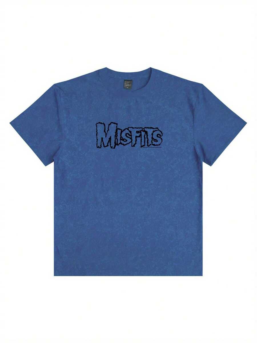 Misfits Horror Punk Style Red Marbled Tie-Dye Acid-Washed Short Sleeve Crew Neck T-Shirt - Bold Black Stylized Lettering Print, Casual Summer Cotton Tee For Fans- Fall Graphic T-Shirt Women's Halloween Animal Print Casual T-Shirt For Fall Outfit - 克萊因藍色 - 查看 1