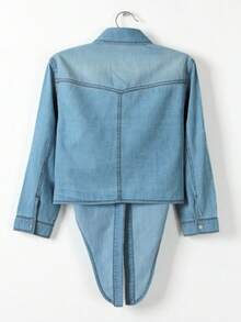 Women's Roll Up 3/4 Sleeve Tie Front Knot Shirt Chambray Denim Crop Top