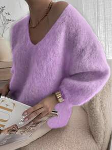Nouveau pull ample à col V - Modèle à manches 3/4 court, tissu doux, pull femme oversize en velours polyester unicolore col V pour la maison et le port quotidien, indispensable pour l'automne/hiver - Nouvel An - Lilas - Voir 4
