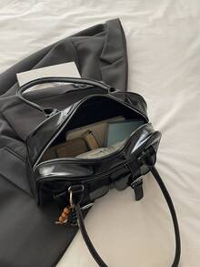 1pc Minimalist Retro Zipper Tote Bag, Decorated With Pockets, Dual Handles, Suitable For Women's Casual Daily Commute - Black - View 8