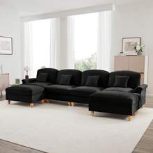 Classic U-Shaped 4 Seater Chenille Modular Sofa With Funnel Arms, Removable Ruffled Apron, Tapered Legs And Removable Footrest - Soft Cloud Sofa For Living Room, Black - Black - View 7