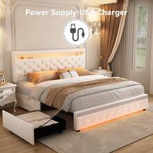 Sibeds LED Bed Frame With 2 Drawers – Modern Upholstered Platform Bed With Storage, Adjustable Headboard –Velvet Beige - Kem nhung - Xem 8