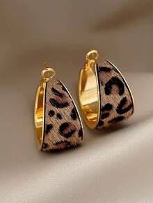 1 paire de boucles d'oreilles créoles vintage élégantes avec imprimé léopard floqué, design unique, convient pour les fêtes et les rassemblements - Or jaune - Voir 5