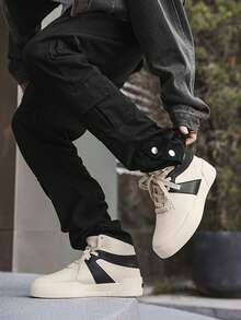 High-Top Casual Shoes For Teenagers, Black & White Color Block, Elevated, Versatile High Street Style, Soft Sole, Fashionable High-Top Sneakers For Young Men, Outdoor Sports Shoes