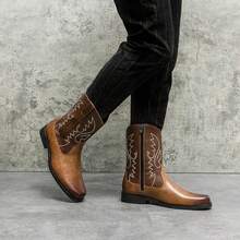 Men's Fashion Embroidered Denim High-Top Boots, Side Zipper Design, Comfortable Non-Slip Casual Shoes, Suitable For Men's Outdoor Activities. - Light Brown - View 10