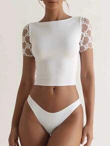 Women's White Lace Short Sleeve Top Fitted, Stretchable Fabric