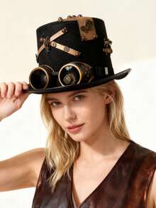 1pc Women Steampunk Hat, Solid Color Wide Brim Decorated With Metal Eyeglasses, Teeth, Chain, Felt Round Crown Costume Party Hat, Unisex Design - Multicolor - View 14