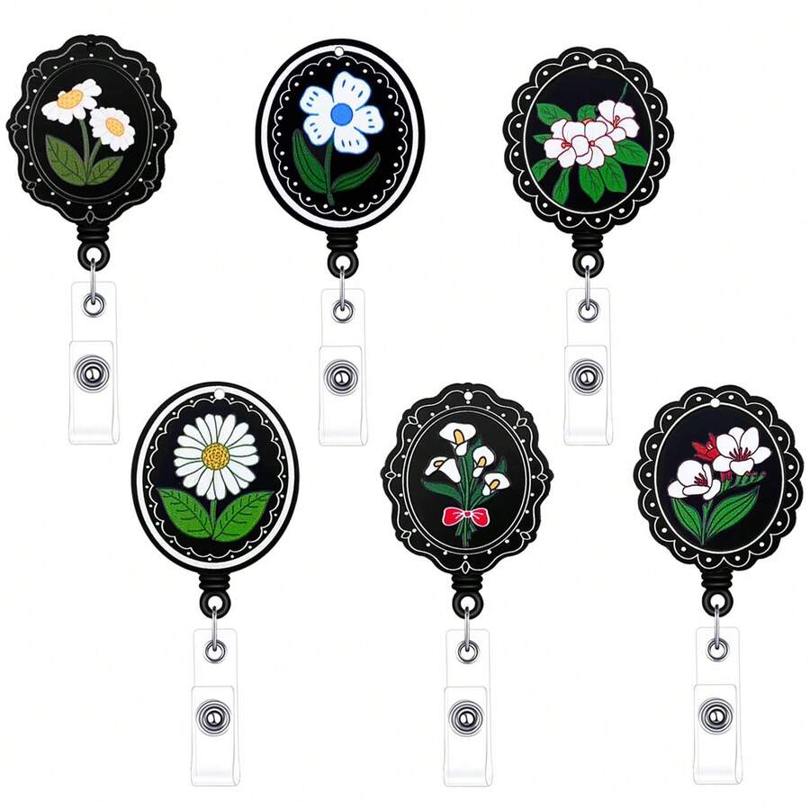 1pc Flower Pattern Retractable Clip-On ID Badge Holder For Teachers And Students - Multicolor - View 1