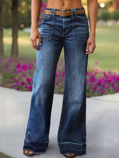 Women's Wide Leg Flared Jeans With Diamond Shaped Front Pockets