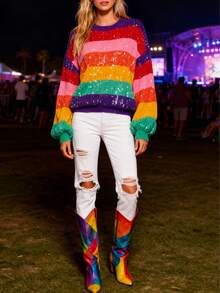 GLOURI Women's Rainbow Sequin Sweater - Color Block Striped Pullover With Long Sleeve Crew Neck | Oversized Glitter Knit Top For Christmas, Music Festival & Street Style (Fall Winter Essential) - Cầu vồng - Xem 3