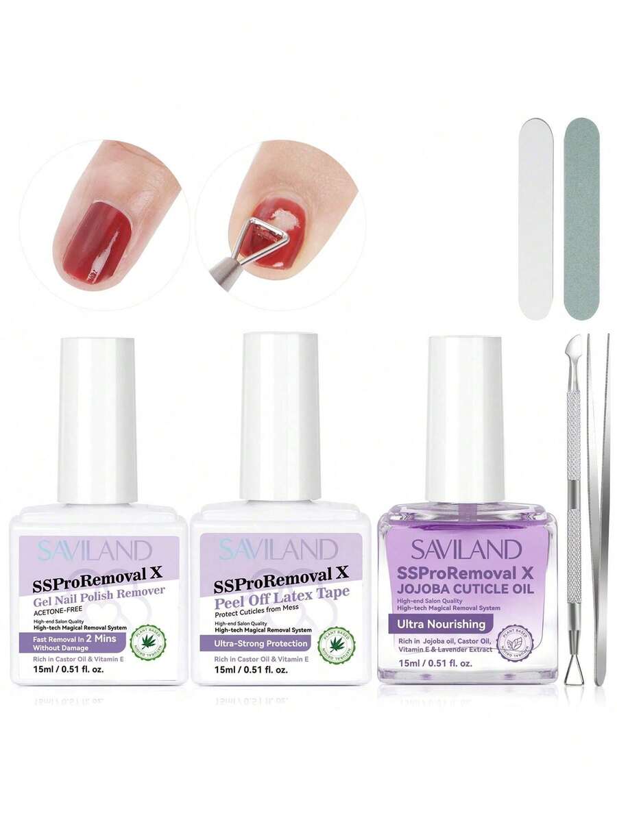 SAVILAND Set di solventi per unghie senza acidi: 3 in 1, solvente per smalto in gel a rimozione rapida per unghie con lattice liquido, smalto staccabile e olio per cuticole, olio per unghie ricco di olio di ricino, vitamine E per la protezione.