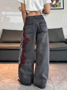 1 chiếc quần jeans nữ dáng rộng, ống rộng, thêu họa tiết, thoải mái, thời trang đường phố (Không bao gồm thắt lưng/phụ kiện) Màu đen mùa xuân - màu đen - Xem 3