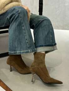 2025秋冬新款欧美尖头高跟踝靴，修身拼接踝靴，复古棕色踝靴，猫跟 - 橄欖綠 - 查看 3