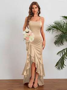 Women Summer Dress, High-End Elegant Sexy Spaghetti Strap Ruffle Hem Slit Dress Party Dress For Women, Suitable For Valentine's Day, Dates, Gatherings, Parties, Travel, Vacation, Beach Wedding Spring - Rượu sâm banh - Xem 8