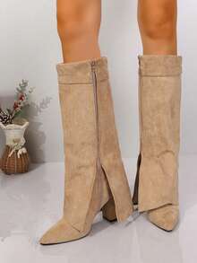 女士翻边过膝长靴，性感尖头粗跟高筒靴，舒适百搭，适合搭配连衣裙，室内/室外皆宜，派对穿着，秋冬季节适用，棕色麂皮侧拉链搭扣设计，牛仔靴 - 杏色 - 查看 5