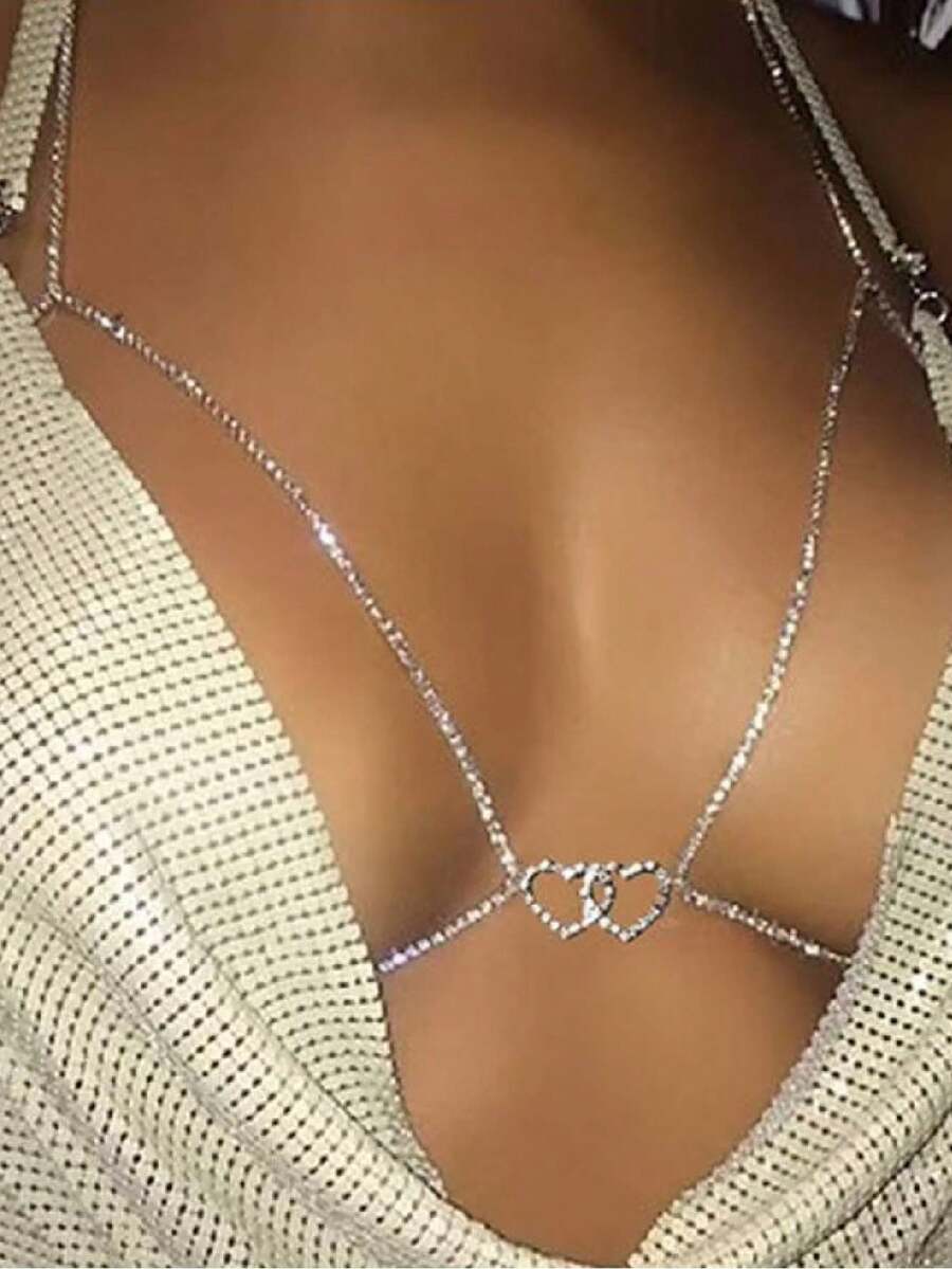 1pc Fashionable Sexy Sparkling Double Heart Pendant Necklace, Bikini/Clubwear Body Chain - Silver - View 1