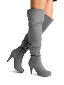 Women Fashion Thigh High Boots Comfortable Suede Leather High Heel Over The Knee Boots For Autumn & Winter Wearing - 灰色 - 查看 3