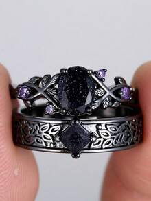 Royal Blue Crystal Oval Stone Purple Zirconia Ring Sets For Women Black Metal Engagement Bands Wedding Jewelry Set Versatile Gifts