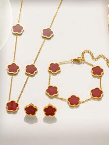 3pcs/Set Classic Lucky Red Five-Petal Flower Stainless Steel Earrings, Necklace, Bracelet Jewelry Set, European And American Fashion Accessories