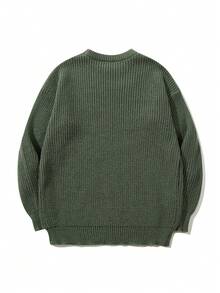Oversized Loose Casual Textured High Street Unisex Knitted Sweater, Minimalist Design, Round Neck, Long Sleeve, Autumn/Winter - Màu xanh Ô liu - Xem 3