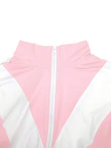 撞色拼接运动套装，女士休闲收腰长袖上衣+高腰紧身裤，粉色春季款 - 粉色 - 查看 3