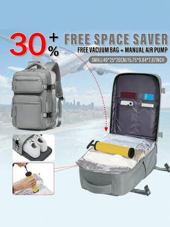 Ryanair Cabin Backpack 40x20x25cm - 14" Laptop Compartment, Includes Vacuum Compression Bags & Hand Pump Set, Shoe Storage, Foldable Seat And Cabin Organizer, Suitable For Short Trips, Unisex Minimalist Design, Cabin Bag, Compact Travel Gear, Fashionable Travel Bag, Secure Zipper Closure
