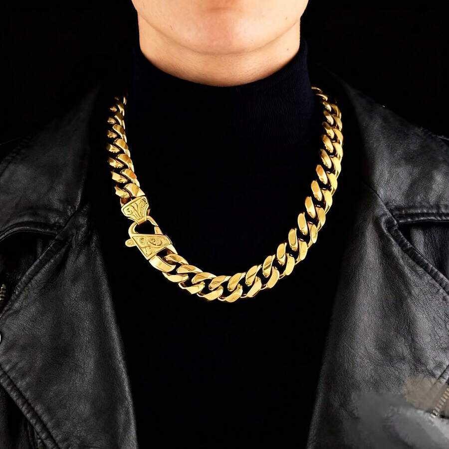 Men's 10mm Heavyweight 18K Gold Plated  Stainless Steel Cuban Link Chain Necklace - Interlocking Link Street Style Durable Men's Jewelry For Valentine's Day, Sports Events & Casual Attire - Luxury Gift For Men (Hip-Hop Style, Year-Round Versatile, 18K Gold Plated Plated Miami Cuban Link Chain, Bold Statement Piece, Perfect For Casual & Formal Occasions, Ideal For Gifting) - Comfortable & Durable, - 14毫米寬 - 查看 1