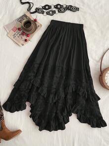 Rusttydustty 女士黑色蕾丝拼接荷叶边中长裙，优雅复古不对称下摆，波西米亚风，适合复活节海滩装扮、夏威夷音乐节和热带度假。 - 黑色 - 查看 5
