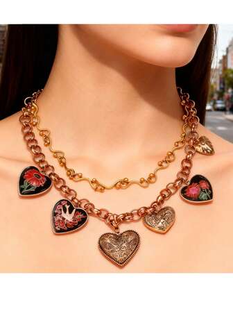 1 件多层手工串珠心形珐琅吊坠项链，欧美风格，百搭颈链