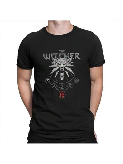 Camiseta gráfica inspirada en The Witcher para hombres - Diseño geométrico y lobo blanco, camiseta casual negra, ajuste regular, cuello redondo, comodidad para todas las estaciones, moda inspirada en Harajuku para jugadores y fans.