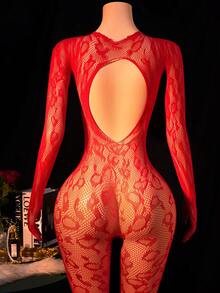 1pc Women's Sexy Lingerie Fishnet Bodystocking, Solid Leopard Print Sheer Long Sleeve Backless Bodysuit, Bikini Cover Up Sexy Romper For Party Role Play, Valentine's Day - Red - View 3
