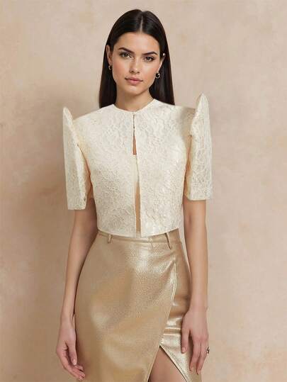 Women's Fashionable & Comfortable Floral Jacquard Puff Sleeve Lightweight Jacket, Modern Filipino Style