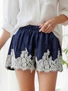 Summer Satin Mini Shorts With Lace Ruffles And Casual Shorts For Women At The Beach - Dark Blue - View 4