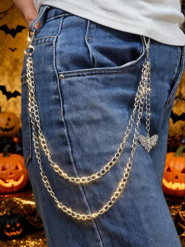 1pc Gothic Vintage Pant Chain, Moth & Skull Pendant Pant Chain, Suitable For Party, Holiday, And Daily Wear