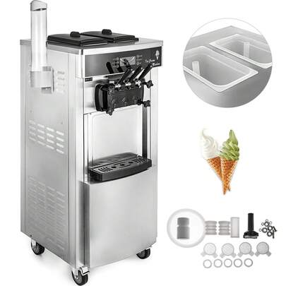 Máquina comercial de helado suave, 2200 W para servir yogur, máquina de helado de 3 sabores, 5,3 a 7,4 galones por hora, panel LCD de limpieza automática para restaurantes, bares, acero inoxidable