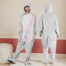 Pijama Entero Acolchado Unisex para Adultos | Color Gris con Patrones de Gatitos Cartoon | Modelo Otoño-Invierno Ideal para Parejas | Ropa de Dormir Perfecta para Halloween y Navidad - Gris - Ver 10