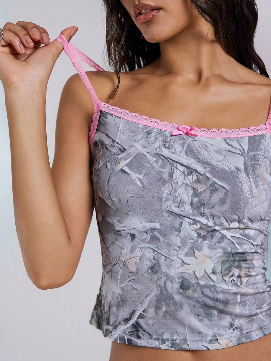 TypaGal Winter Fall Wild Modern Chic New Year Party Retro Elegant Sexy Street Gray Pink Lace Bow Slim FitWomen's Branch Printed Contrast Lace Trim Camisole - Multicolor - View 1