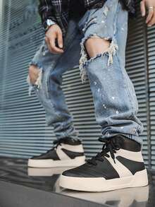 High-Top Casual Shoes For Teenagers, Black & White Color Block, Elevated, Versatile High Street Style, Soft Sole, Fashionable High-Top Sneakers For Young Men, Outdoor Sports Shoes