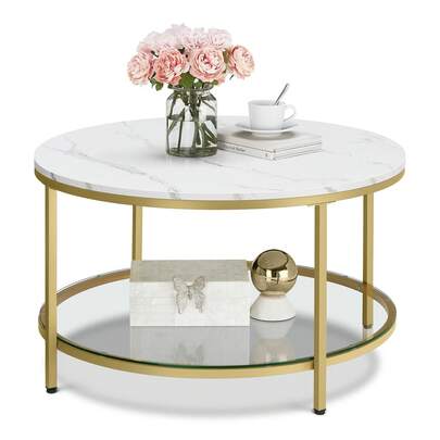 Coffee Table, Living Room Table, Sofa Cocktail Table Faux Marble Round, Tempered Glass Storage Shelf, Easy To Assemble, Modern Style, For Living Room, Marble White And Metallic Gold LCT071W59