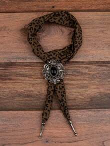 1pc Exclusive High-End Bolo Tie, Leopard Print Silk Scarf, Long Sweater Chain, Tiger Eye Stone Rhinestone Alloy Pendant Necklace