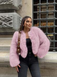 女式圆领宽松短款仿皮草时尚休闲夹克 - 粉色 - 查看 6
