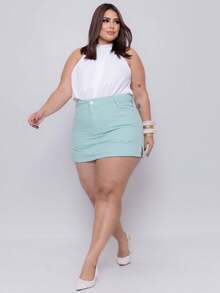 Plus Size Short Jeans Skirt With Lycra Short Model - 淺綠色 - 查看 2