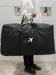 可折疊旅行袋，中性款，愛心飛機圖案，便攜手提包，大容量行李袋，多功能旅行配件，行李搬運袋，牛津布材質，裝箱行李袋，搬家收納袋，適用於宿舍、租屋公寓、學校宿舍，防潮防塵，可存放衣物與寢具，適用於商務出差、度假與搬家 - 黑色 - 查看 7