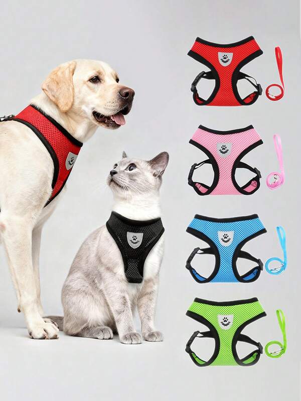 2pcs/Set Ultimate Comfort Mesh Cat Dog Leash And Harness Set - Breathable, Reflective, Adjustable Pet Vest With Traction Rope For Small Dogs And Cats, Easy Walking And Training And Durable